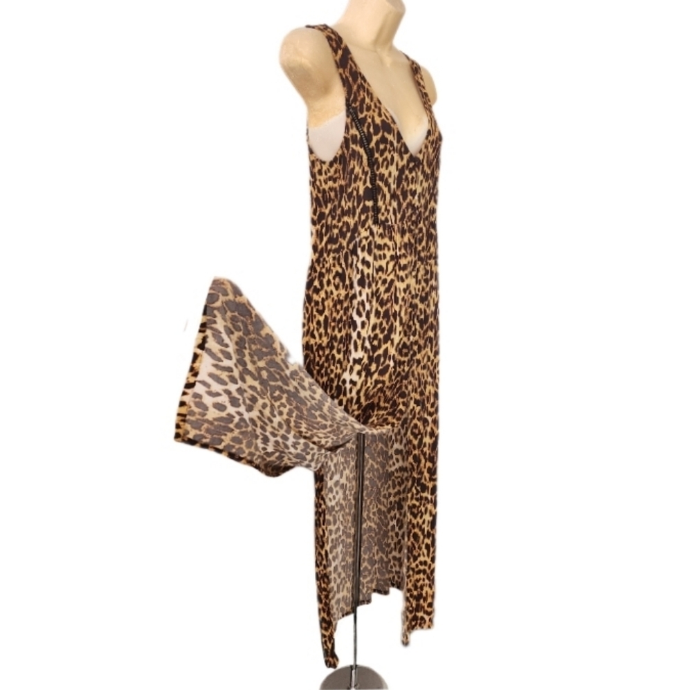 MINKPINK Dress Leopard Print 1/2 Button Down Slit Sides Loungewear Brown Size XS